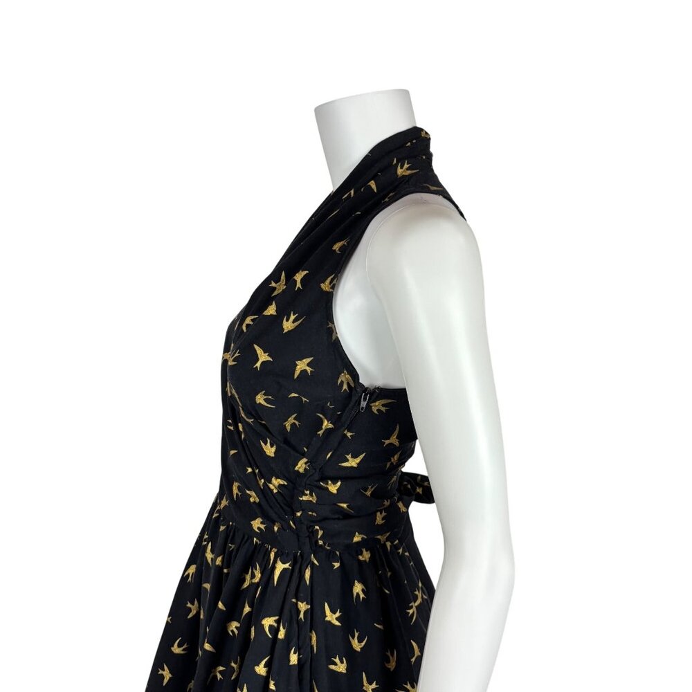 Dollz & Dames Halter Dress Small Gold Sparrow Bird Print Black Pin Up Sundress - Picture 12 of 15